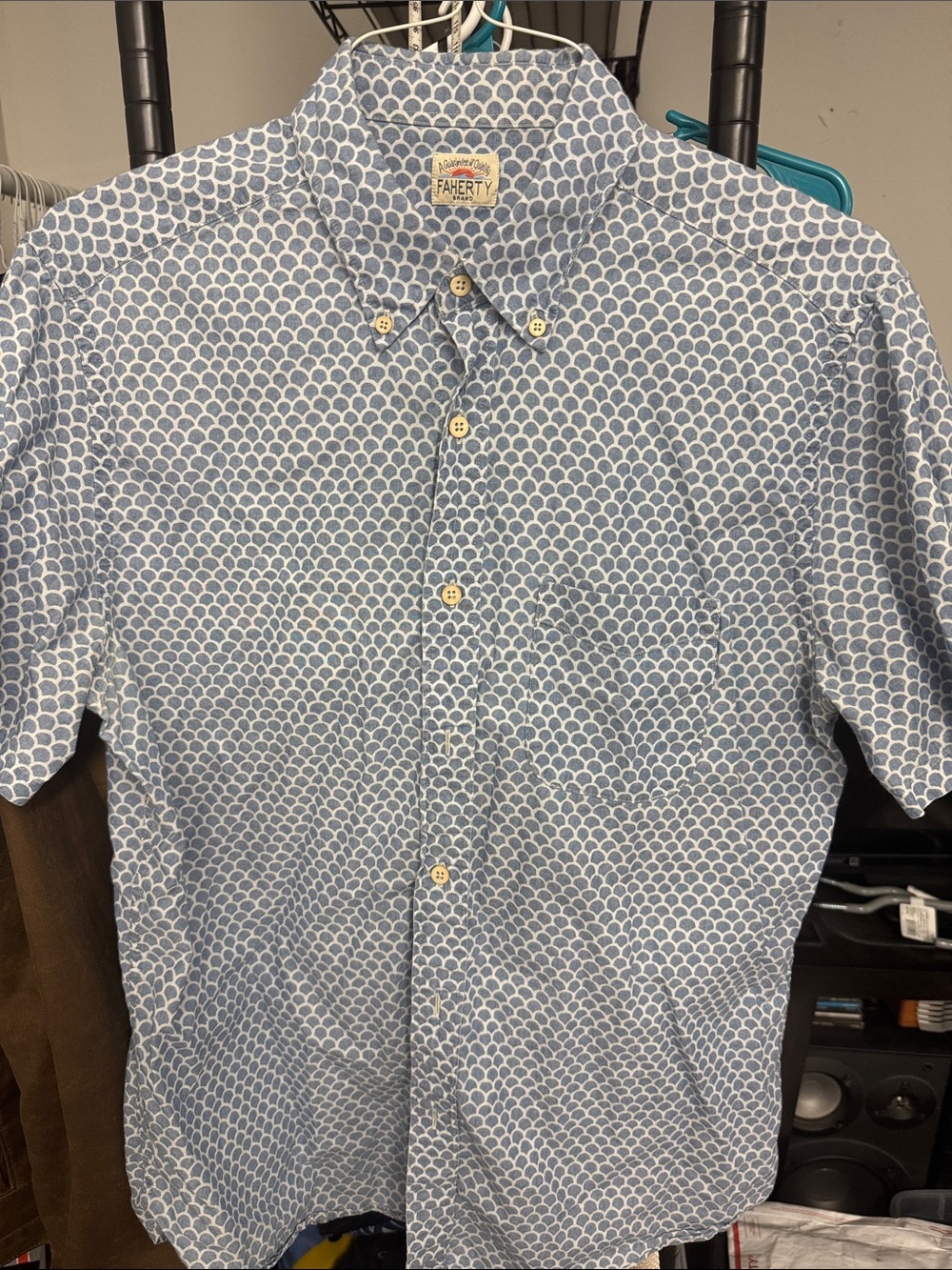 Faherty Light Blue & White Short-Sleeve Patterned Button-Down Shirt